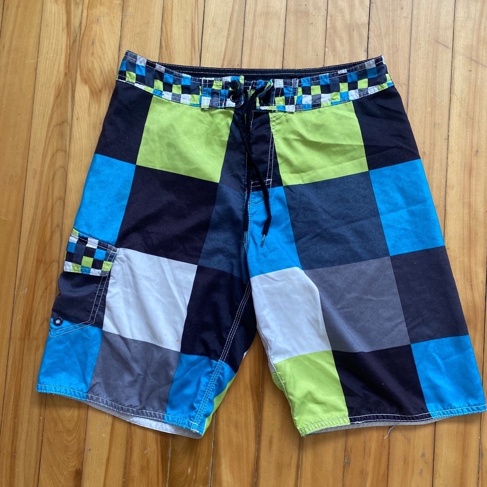 360 Surf Mens Colorblock Checkerboard Board Shorts Blue Green Black Size 32